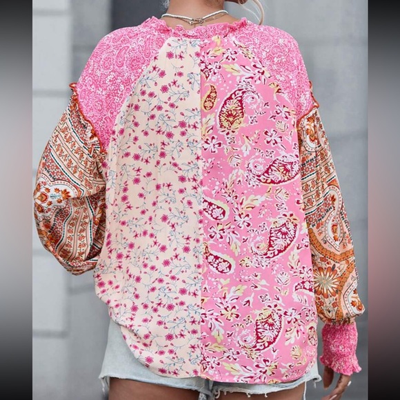 Boho Floral Patched Print Cuff Long Sleeve Trimmed Top Blouse Shirt - Picture 2 of 5